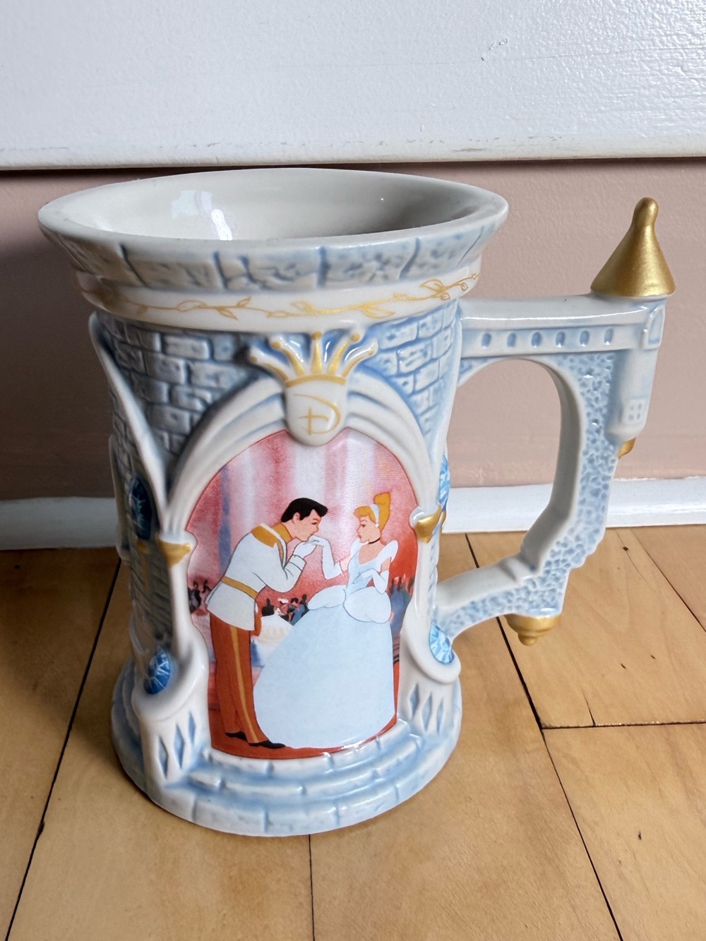 Vintage Disney Cinderella Castle Ceramic Stein in White, Blue and Gold